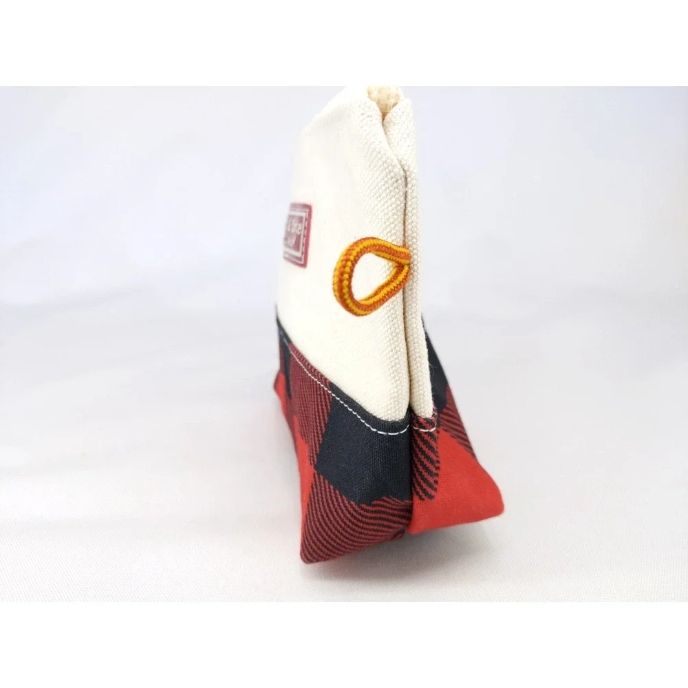 LL Bean Boat & Tote Pouch Cream Red Buffalo Plaid Canvas Zip Bag 509602